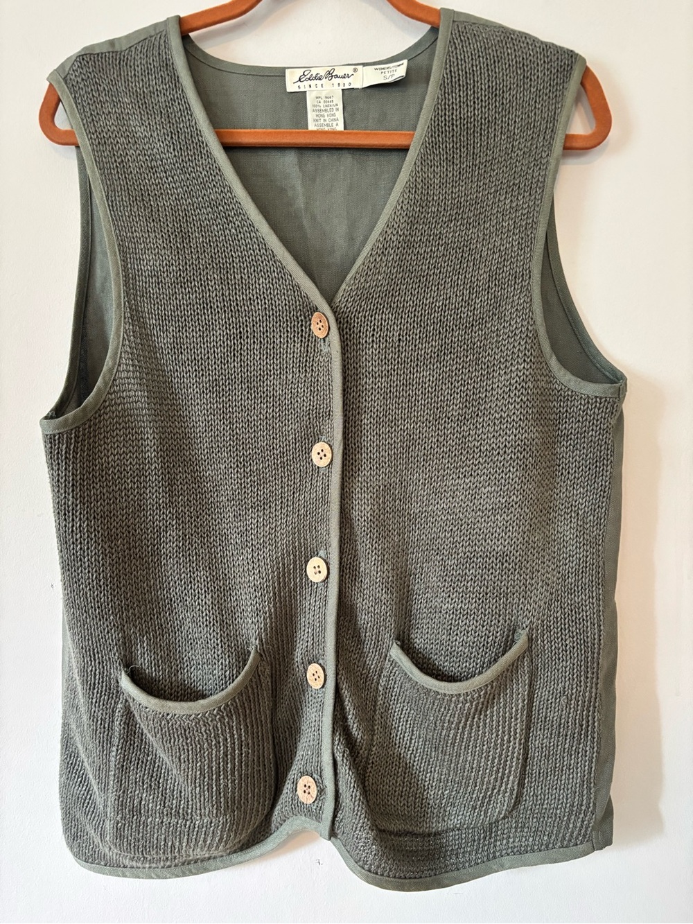 Vintage Eddie Bauer Womens Petite Small Sage Green 100% Linen Knit Front Button